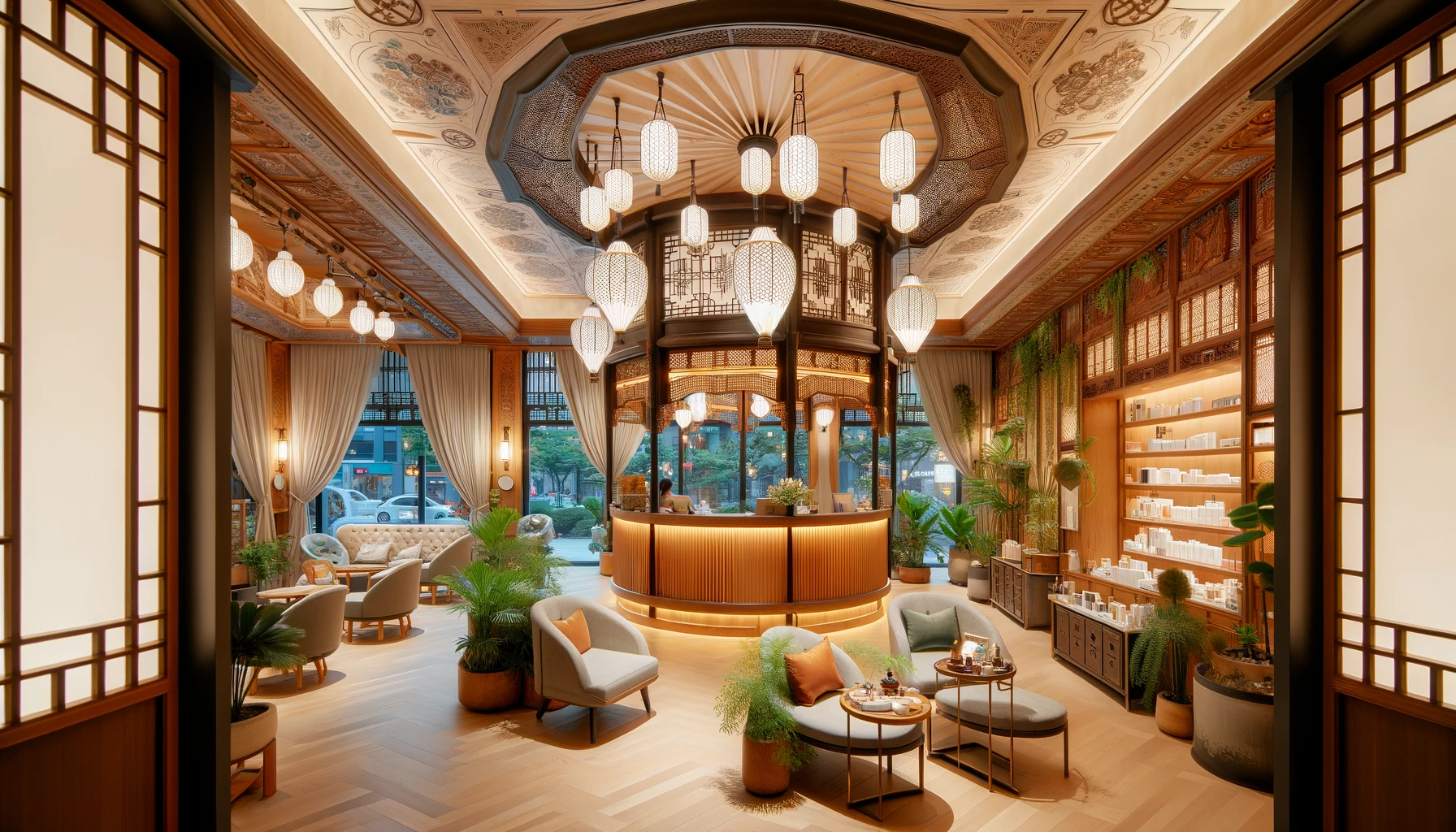 The image depicts a luxurious and elegant Korean beauty salon in Seoul. The interior design seamlessly blends traditional Korean elements with modern touches. Intricate woodwork and elegant paper lanterns hang from the ceiling, adding a touch of cultural heritage. Lush green indoor plants are scattered throughout, creating a serene and inviting atmosphere. The salon is spacious, featuring comfortable seating areas and a reception desk adorned with Korean-style decor. Shelves displaying a variety of high-end beauty products are visible. Large windows allow natural light to flood the space, enhancing the warm and welcoming ambiance of the salon. The overall look and feel of the salon combine contemporary and classic Korean beauty techniques in a harmonious and aesthetically pleasing manner.