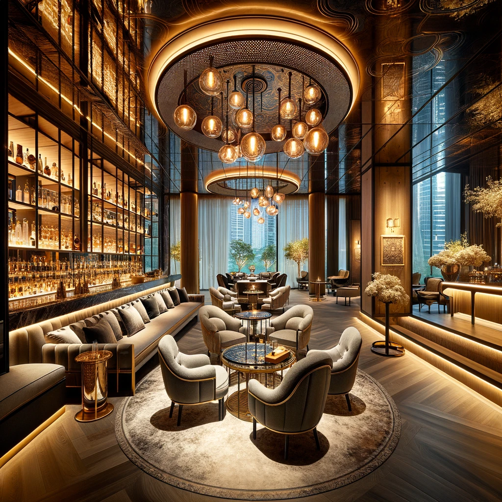 Luxurious interior of a high-end opi in Gangnam, featuring sophisticated decor, plush seating, and ambient lighting, reflecting exclusivity and upscale comfort.