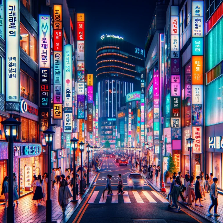 "Nighttime view of Gangnam's lively streets, with neon signs, bustling crowds, and trendy shops, epitomizing the district's vibrant and modern atmosphere."